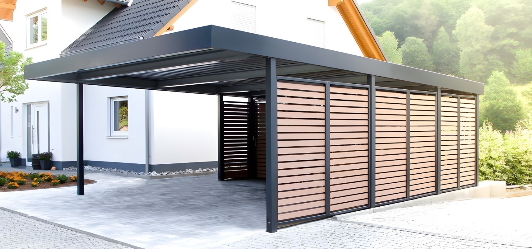 Полузакрытый навес с крышей из поликарбоната Двускатный навес с поликарбонатом для автомобиля